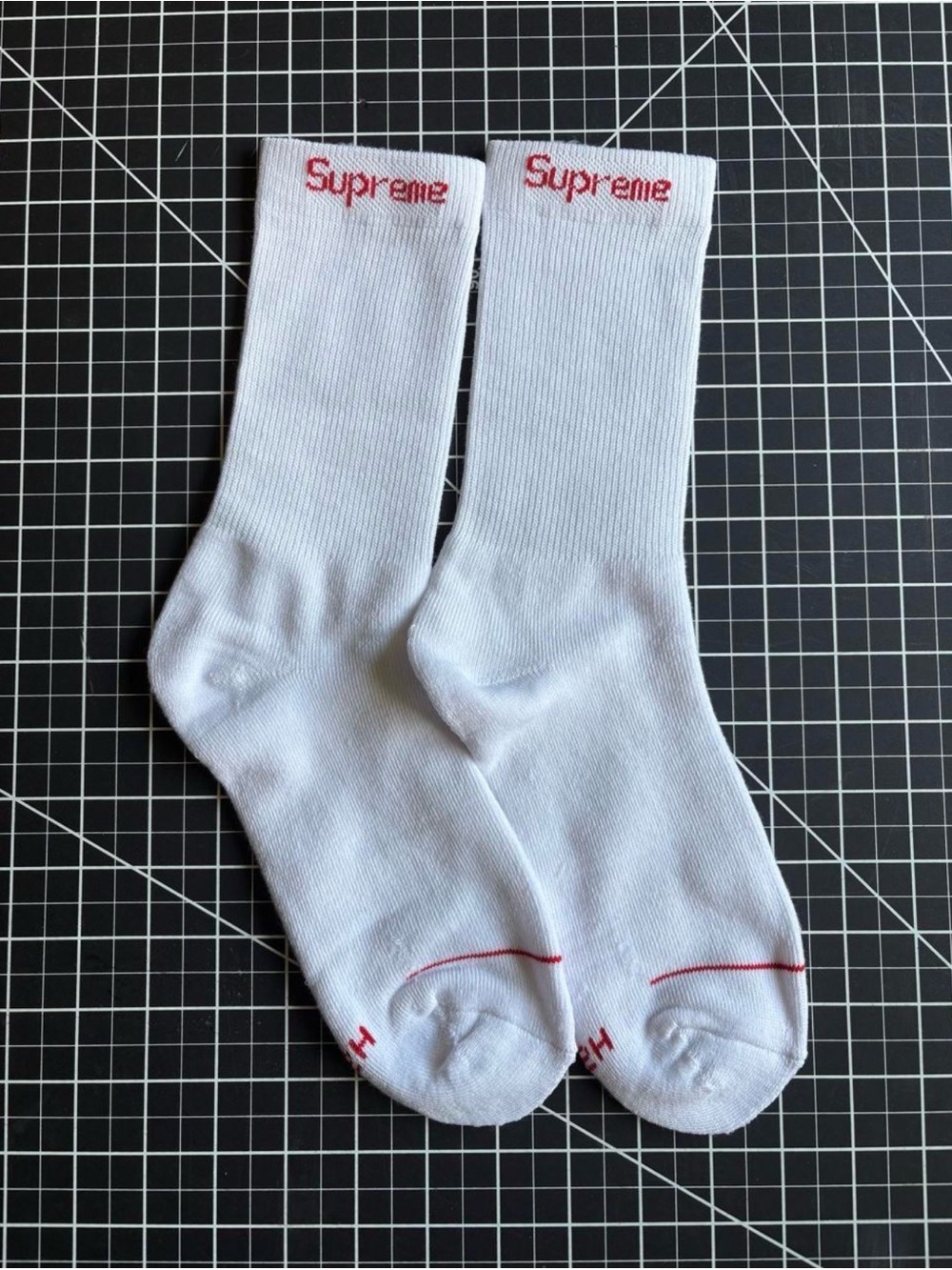 1 Pair of Supreme White Crew Socks with Red Logo